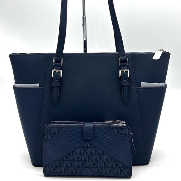 Michael Kors Large Charlotte Tote Bag & LG Double Zip Wallet Luggage Navy Blue - Picture 5 of 15